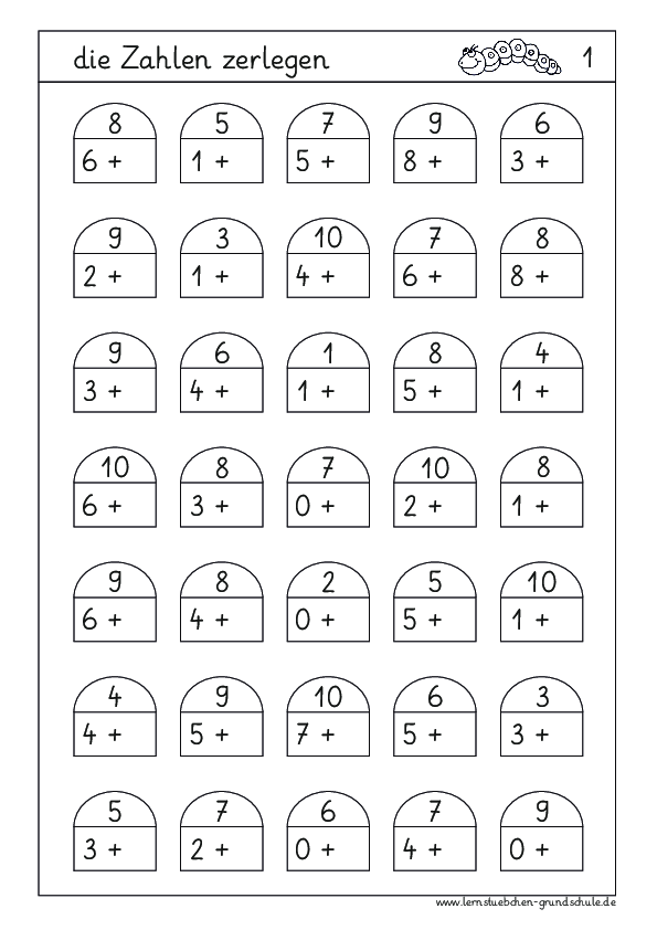 die Zahlen bis 10 zerlegen - einfache Zahlenhäuser